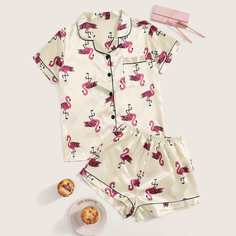 Атласная Пижама С Принтом Фламинго Shein