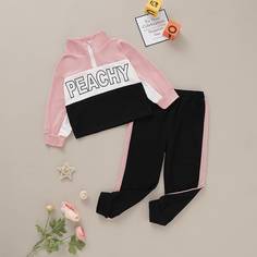 Контрастный спортивный костюм на молнии для девочек Shein