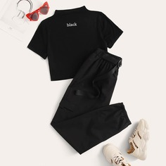 Брюки и футболка с текстовым принтом, воротником-стойкой Shein