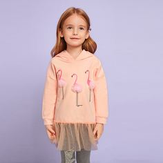 Сетчатый свитшот с капюшоном и принтом "фламинго" для девочек Shein