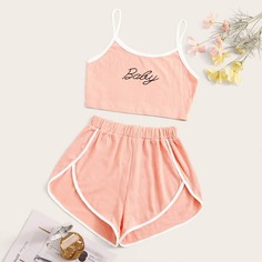 Пижама из ребристого трикотажа на бретелях с текстовым принтом Shein