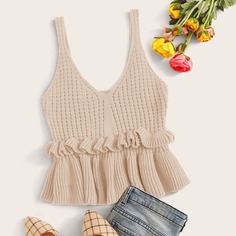 Однотонный трикотажный топ с оборками Shein