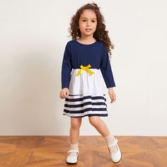 Контрастное полосатое платье с бантом для девочек Shein