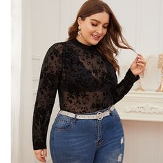 Сетчатый прозрачный топ размера плюс с воротником-стойкой без бюстгальтера Shein