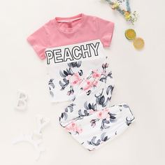 Футболка с текстовым принтом и брюки с цветочным принтом для девочек Shein