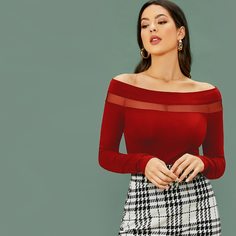 Топ с открытыми плечами и сетчатой вставкой Shein