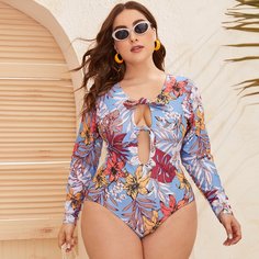 Цветочный слитный купальник размера плюс с длинным рукавом Shein
