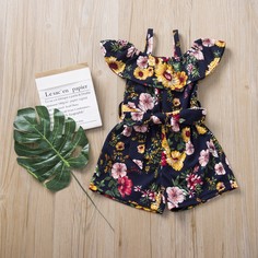 Цветочный комбинезон с открытыми плечами и поясом для девочек Shein
