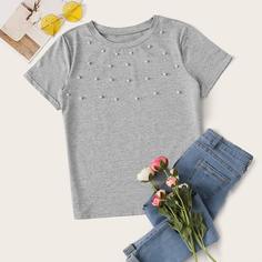 Футболка с коротким рукавом и жемчугами Shein
