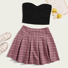 Однотонный короткий топ и плиссированная юбка в клетку Shein