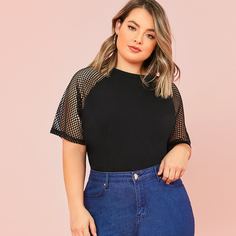 Однотонный топ размера плюс с сетчатыми рукавами Shein