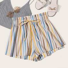 Полосатые шорты с присборенной талией Shein