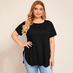 Однотонная футболка размера плюс с разрезом Shein