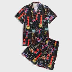 Мужские шорты и рубашка с пуговицами, текстовым принтом Shein