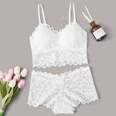 Белые с фестонами Одноцветный Элегантный Комплект нижнего белья Shein