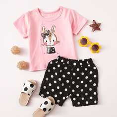 Шорты в горошек и футболка с принтом кролика для девочек Shein