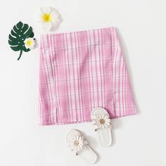 Юбка в клетку с разрезом для девочек Shein