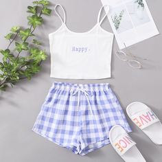 Пижама в клетку с текстовым принтом и узлом Shein