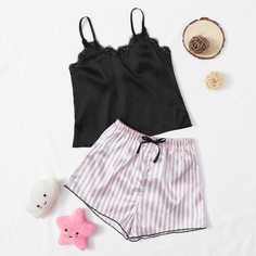 Пижама в полоску с кружевной отделкой для девочек Shein