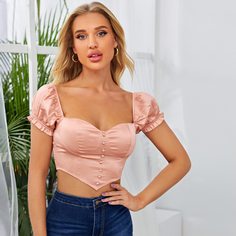 Асимметричный атласный топ с пышным рукавом Shein