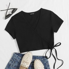 Вязаный короткий топ с v-образным вырезом Shein