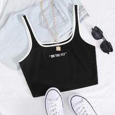 Майка с контрастной отделкой и текстовым принтом Shein