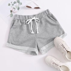Серый на кулиске Одноцветный Повседневный Шорты Shein
