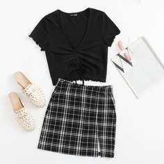 Однотонный топ на кулиске и юбка в клетку с разрезом Shein