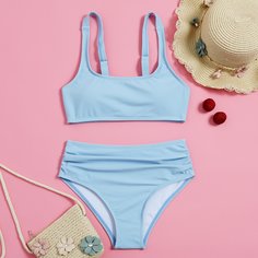 Пыльно-синий с рюшами Одноцветный милый Купальники для девочек Shein