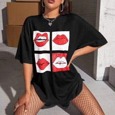 Длинная футболка с принтом губ Shein