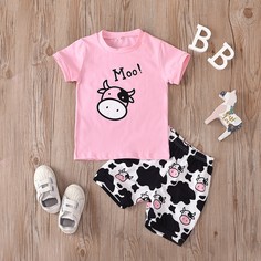 Шорты и футболка с принтом "корова" для девочек Shein