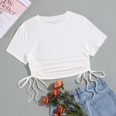 Белый на кулиске Одноцветный Повседневный Футболки Shein