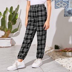 Брюки в клетку с эластичной талией для девочек Shein