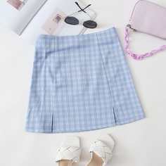 Нежно-голубой на молнии Клетчатый Институтский Юбки Shein