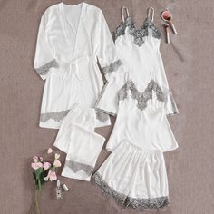 5шт атласная пижама с поясом и кружевом Shein