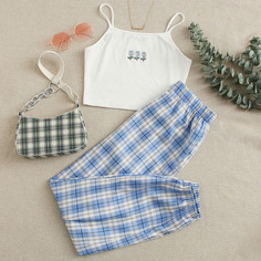 Брюки в клетку и топ с вышивкой Shein