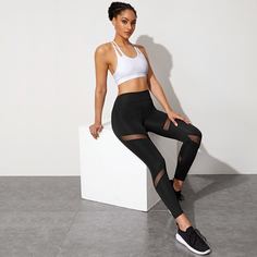Спортивные леггинсы с широкой талией и сетчатой вставкой Shein