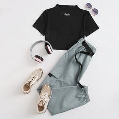 Многоцветный Пояс Текст Повседневный Комплект Shein
