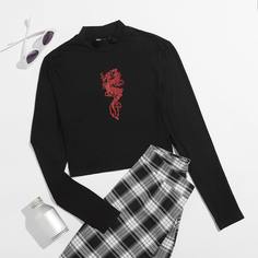 Кроп топ с принтом дракона и воротником-стойкой Shein