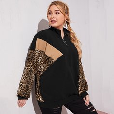 Пуловер на молнии с леопардовым принтом размера плюс Shein