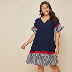 Платье размера плюс с оригинальным рукавом и полосками Shein