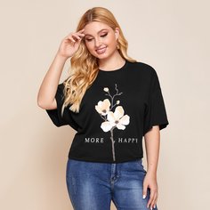 Футболка размера плюс с цветочным и текстовым принтом Shein