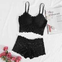 с фестонами Одноцветный Элегантный Комплект нижнего белья Shein