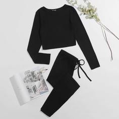 Вязаная короткая футболка и леггинсы с узлом Shein