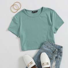 Трикотажная короткая футболка с пуговицами Shein