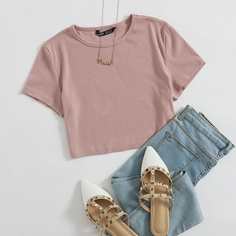 Трикотажная короткая футболка с пуговицами Shein