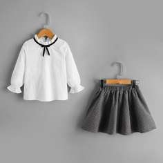 Блузка с бантом и расклешенная юбка в горошек для девочек Shein