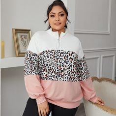 Контрастный пуловер на молнии размера плюс с леопардовым узором Shein