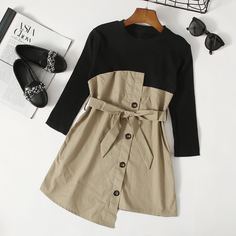 Асимметричное контрастное платье с поясом для девочек Shein