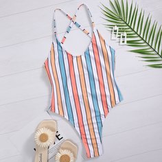 Разноцветный полосатый слитный купальник Shein
